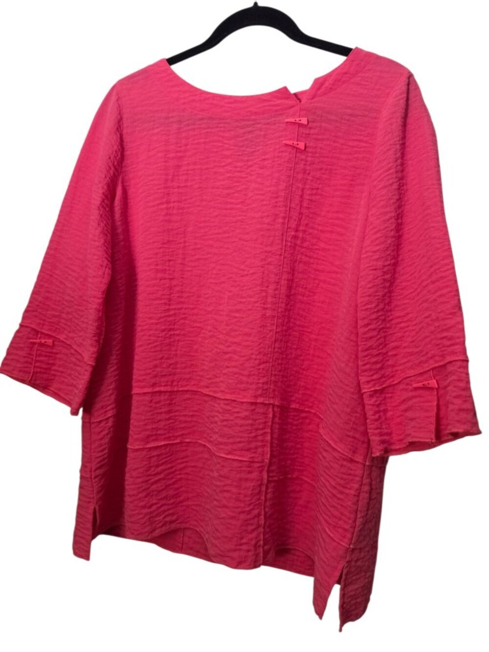 Ali Miles Pink Artsy Lagenlook Textured Crinkle Toggle Accents Tunic Blouse Sz L